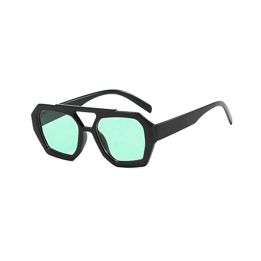 Rebel Retro Vintage 70s Hexagonal Aviator Double Bridge Sunglasses - Black Frame Green Lenses