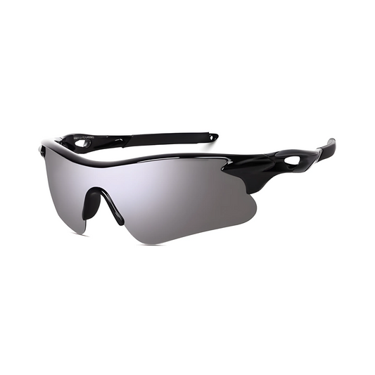 Futuristic Series Half Rim Sports Sunglasses - Black Frame Silver Mirrored Lenses