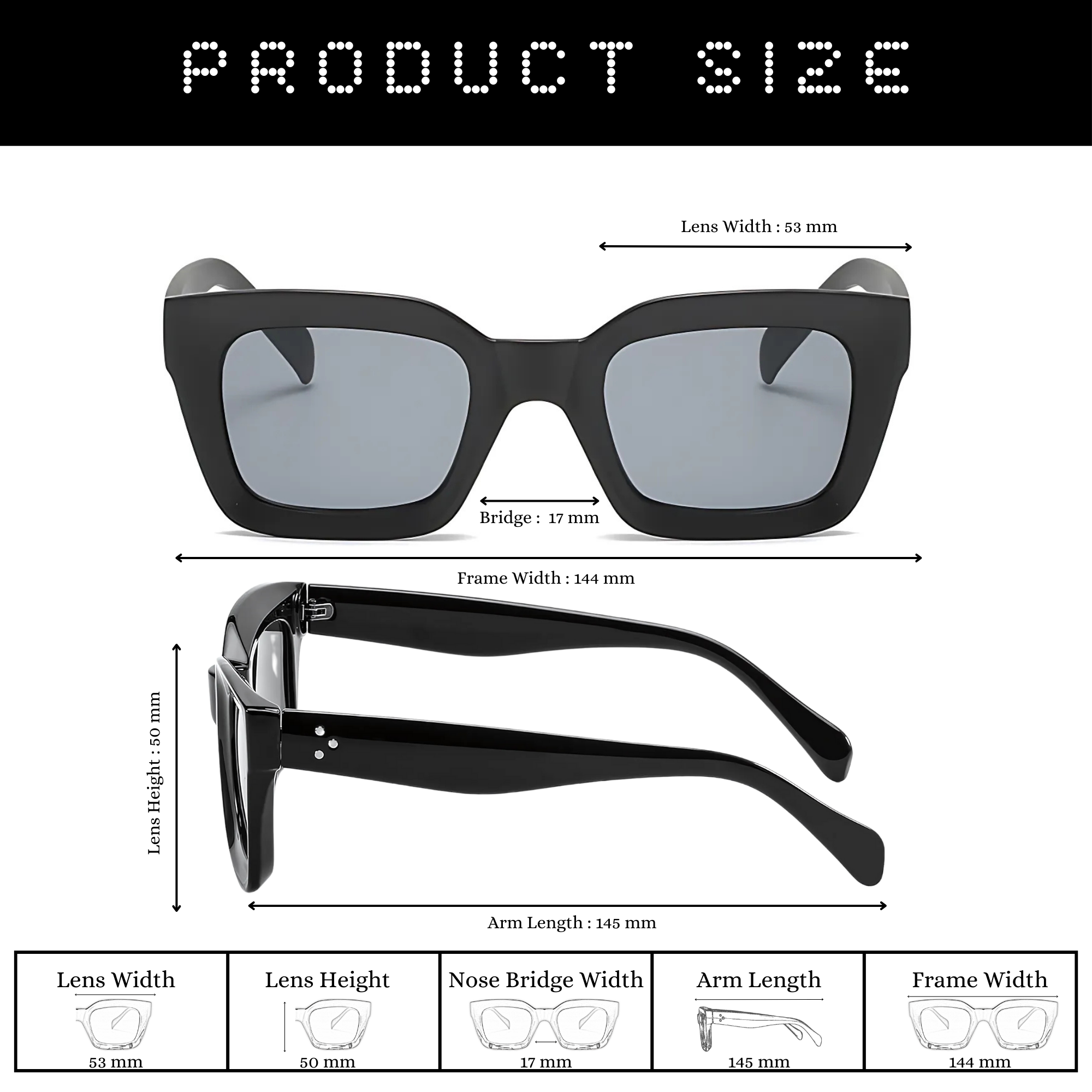 Dotted Series 3 Dots Square Sunglasses - Black Dotted Series 3 Dots Square Sunglasses - Black