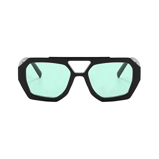 Rebel Retro Vintage 70s Hexagonal Aviator Double Bridge Sunglasses - Black Frame Green Lenses