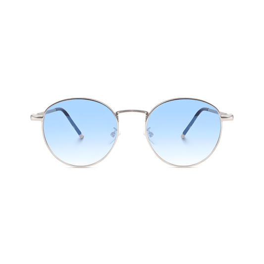 essntl series Vintage Round Sunglasses For Men & Women Silver Frame Gradient Blue Lenses