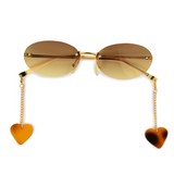 crush series Retro Vintage Rimless Oval Sunglasses With Heart Charms For Women - Caramel Charm crush series Retro Vintage Rimless Oval Sunglasses With Heart Charms For Women - Caramel Charm