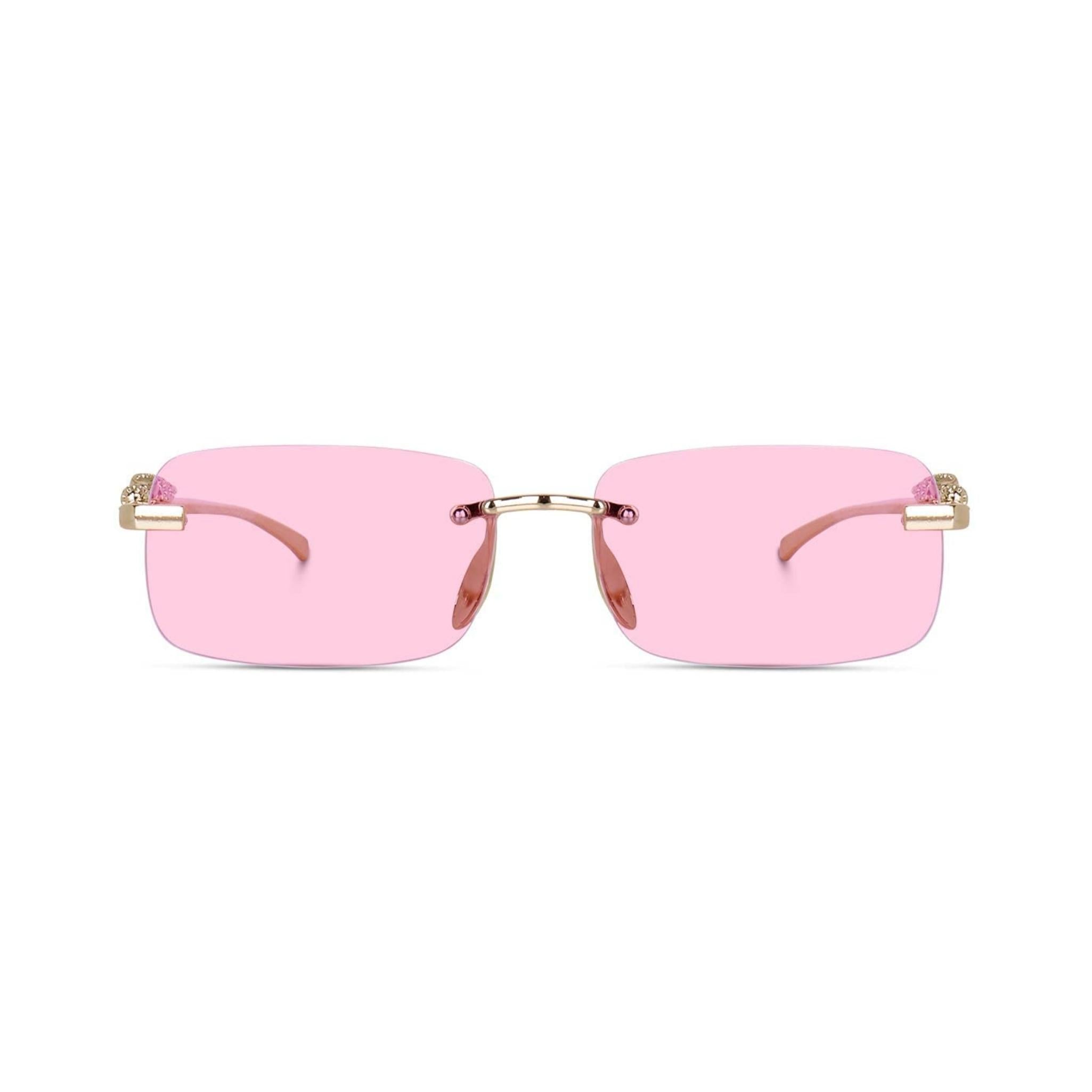 HautRim Series Rimless Rectangle Unisex Sunglasses - Gold Frame Pink Lenses HautRim Series Rimless Rectangle Unisex Sunglasses - Gold Frame Pink Lenses