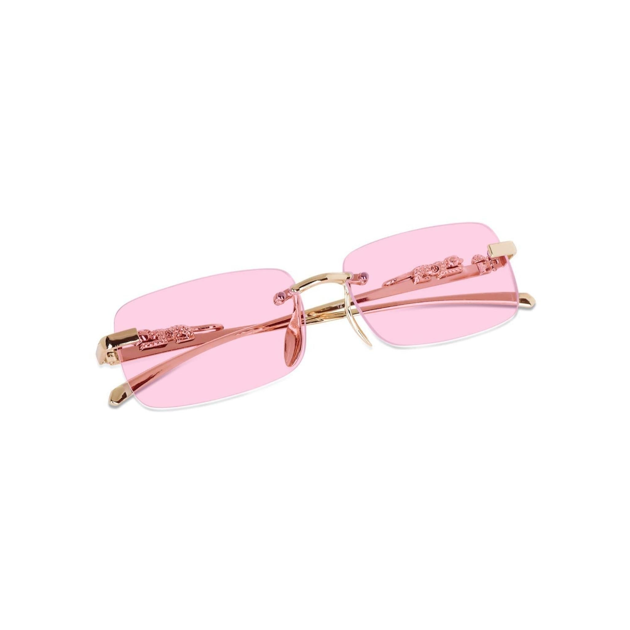 HautRim Series Rimless Rectangle Unisex Sunglasses - Gold Frame Pink Lenses HautRim Series Rimless Rectangle Unisex Sunglasses - Gold Frame Pink Lenses