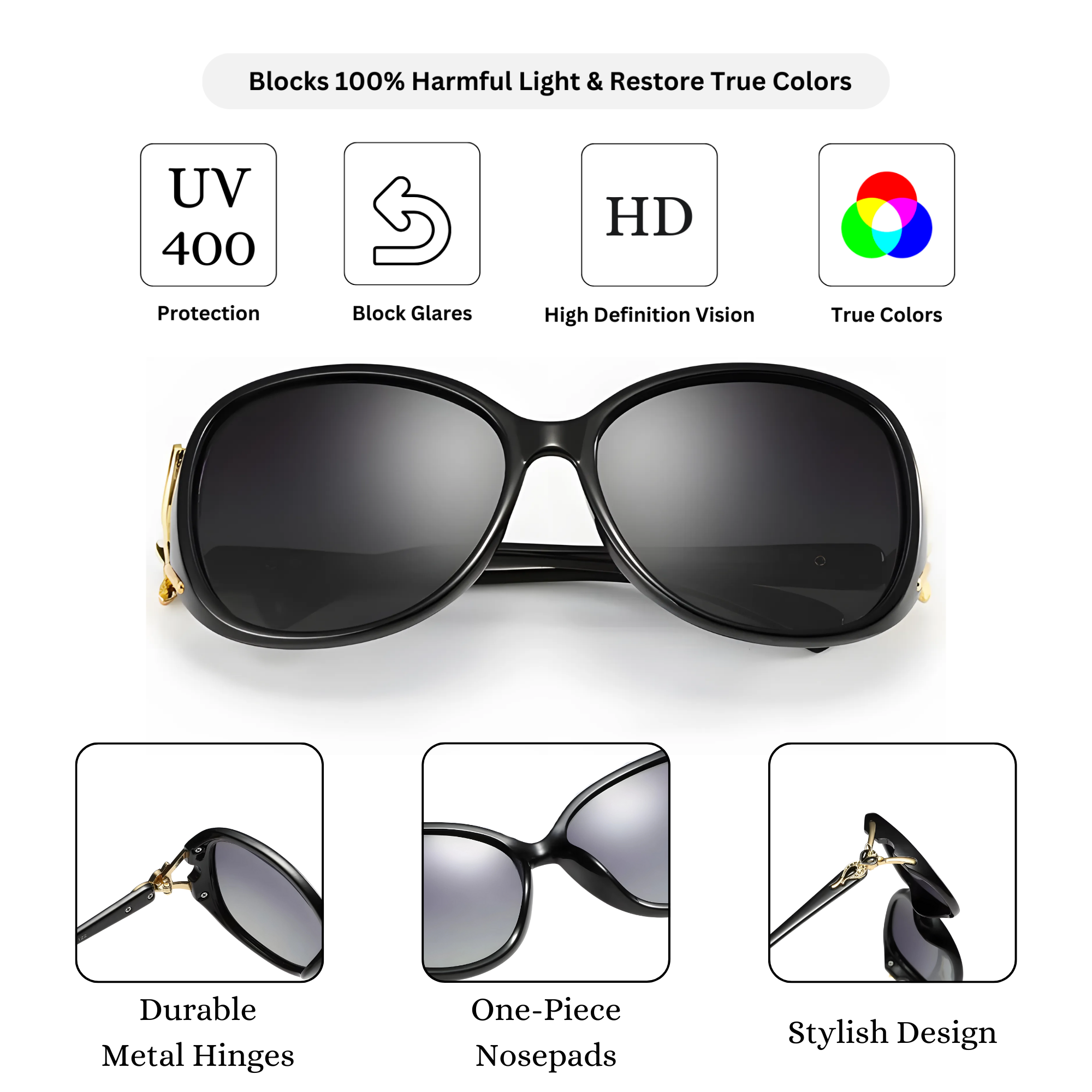 Royal Series Oval Fox Sunglasses For Women - Black Royal Series Oval Fox Sunglasses For Women - Black