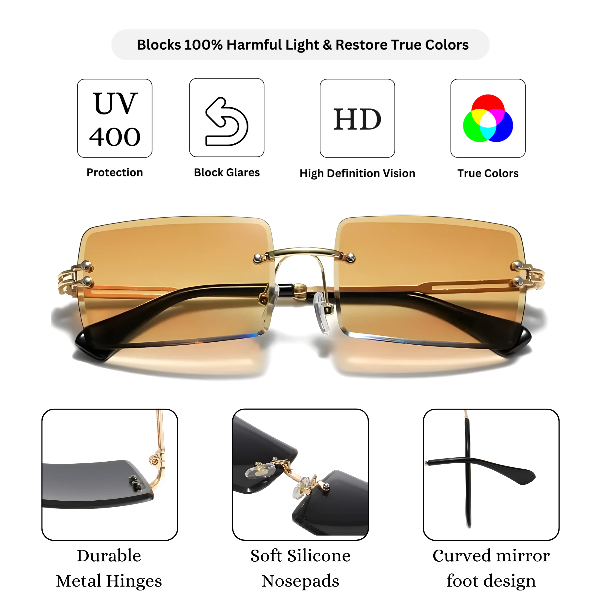 HautRim Series Rimless Rectangle Y2K Sunglasses For Men & Women Gold Brown HautRim Series Rimless Rectangle Y2K Sunglasses For Men & Women Gold Brown