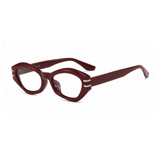 Maroon eyeglasses on a white background