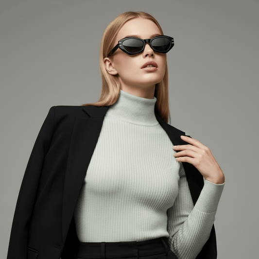 Woman wearing a light grey turtleneck sweater and black muse sunglasses
