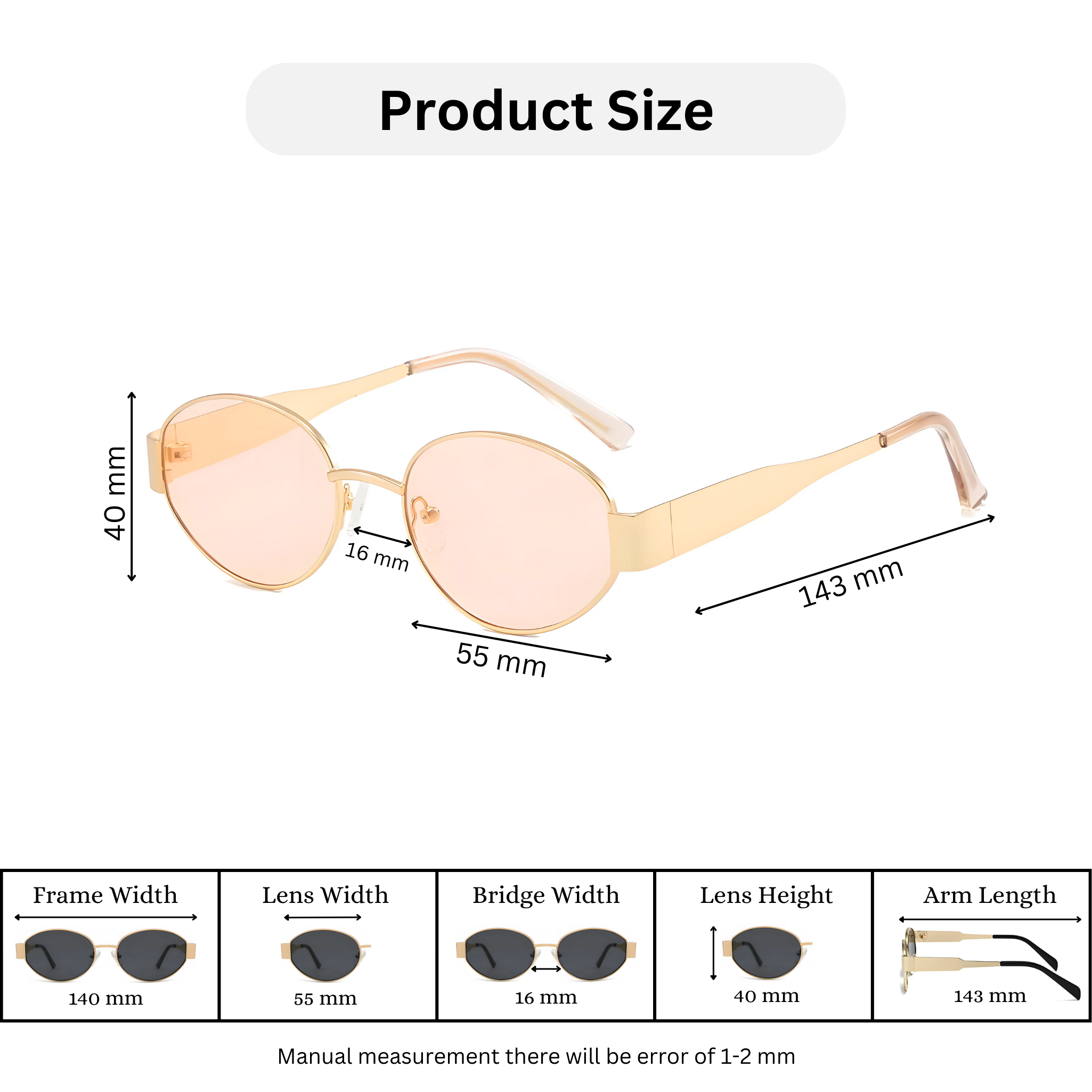 essntl Series Retro Oval Sunglasses For Women & Men - Gold Pink essntl Series Retro Oval Sunglasses For Women & Men - Gold Pink
