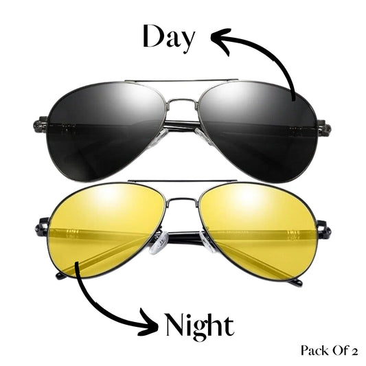 PoshPilot Klassic Series Day & Night Driving Aviator Sunglasses For Men & Women - Black & Yellow