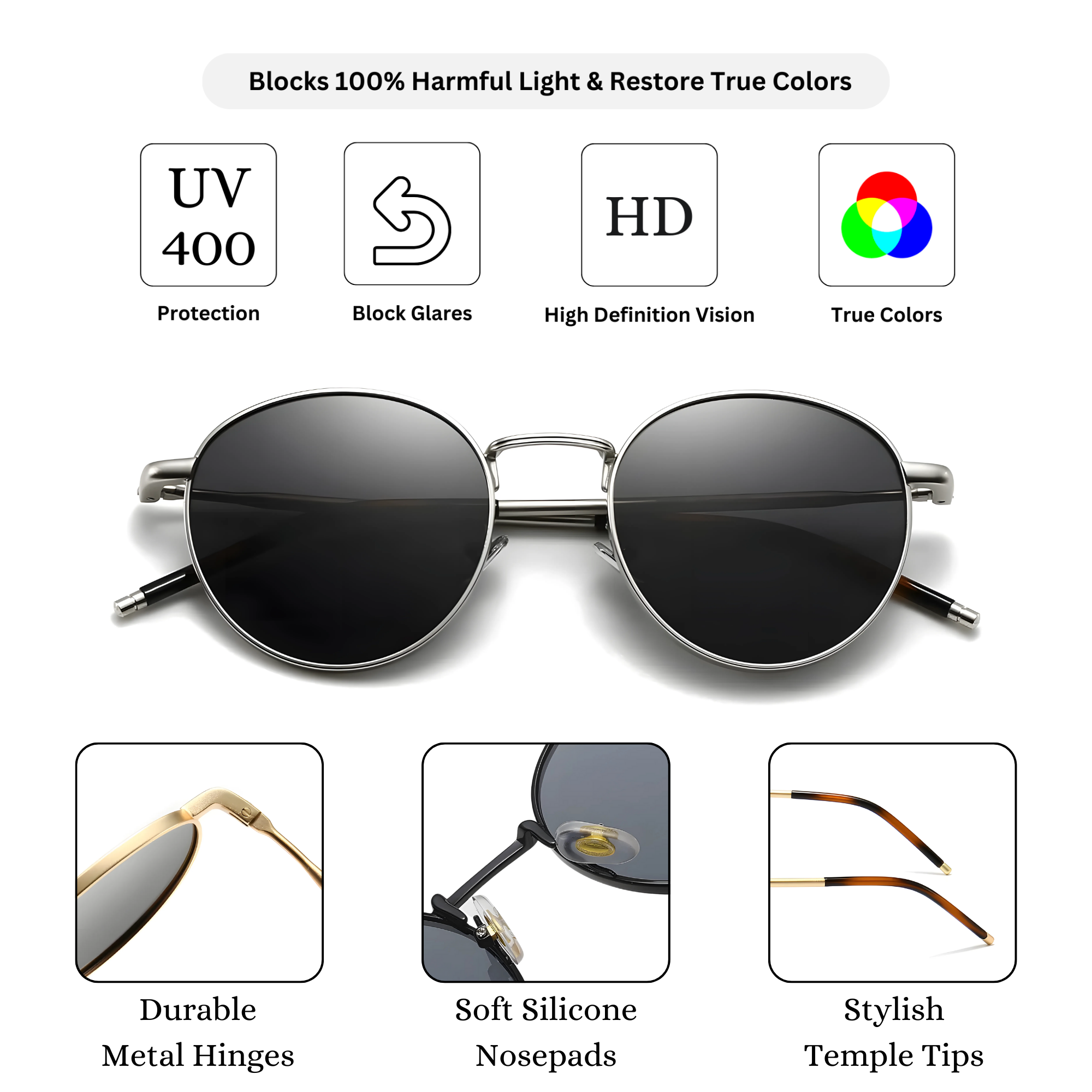 essntl series Vintage Round Sunglasses For Men & Women Silver Black essntl series Vintage Round Sunglasses For Men & Women Silver Black