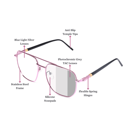 essntl Series Zero Power Blue Light Filter Lenses, Anti Glare Computer Glasses | Photochromic Lenses (Pink)