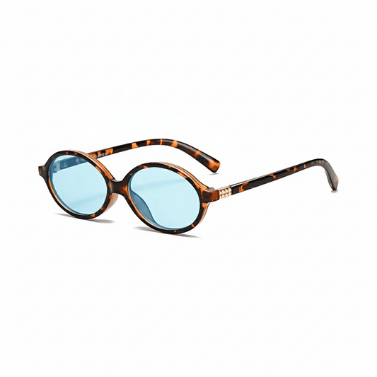 essntl series Retro Vintage 90s Oval Sunglasses For Men & Women - Leopard Blue