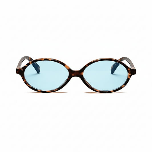 essntl series Retro Vintage 90s Oval Sunglasses For Men & Women - Leopard Blue