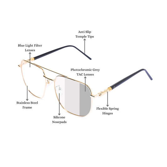 essntl Series Zero Power Blue Light Filter Lenses, Anti Glare Computer Glasses | Photochromic Lenses & 100% UV400 Protected (Gold)
