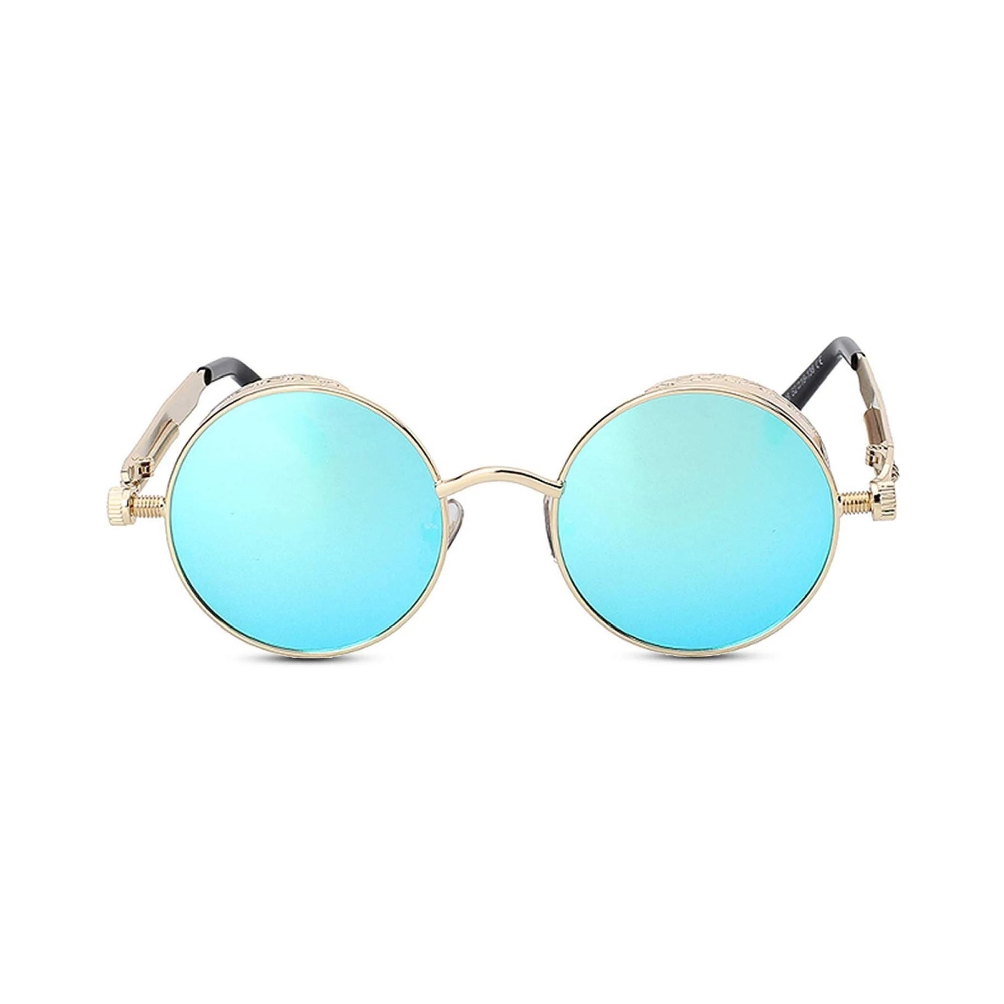 DISC Series Round Steampunk Sunglasses - Gold Frame Blue Mirrored Lens DISC Series Round Steampunk Sunglasses - Gold Frame Blue Mirrored Lens