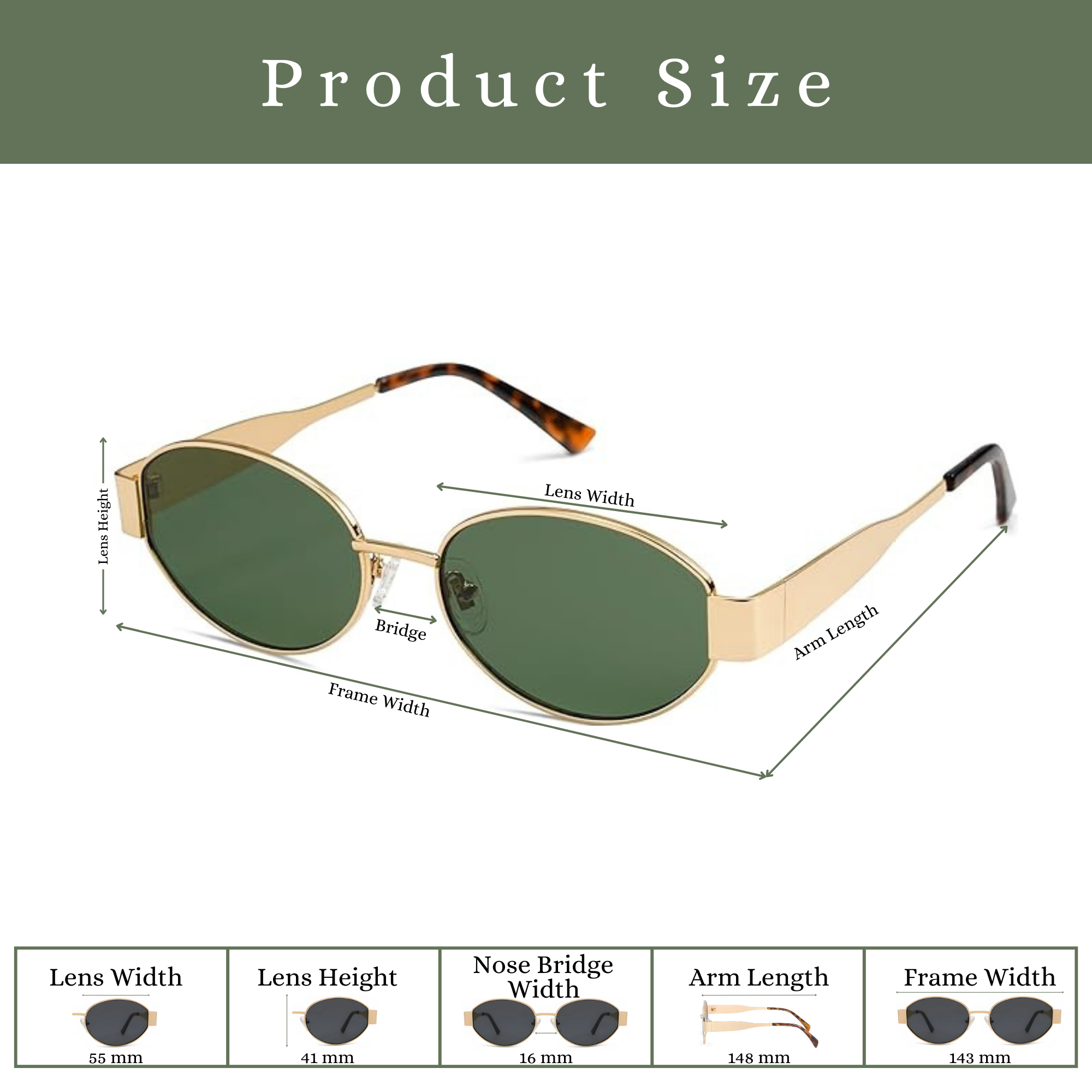 essntl Series Retro Oval Sunglasses For Women & Men - Gold Green essntl Series Retro Oval Sunglasses For Women & Men - Gold Green