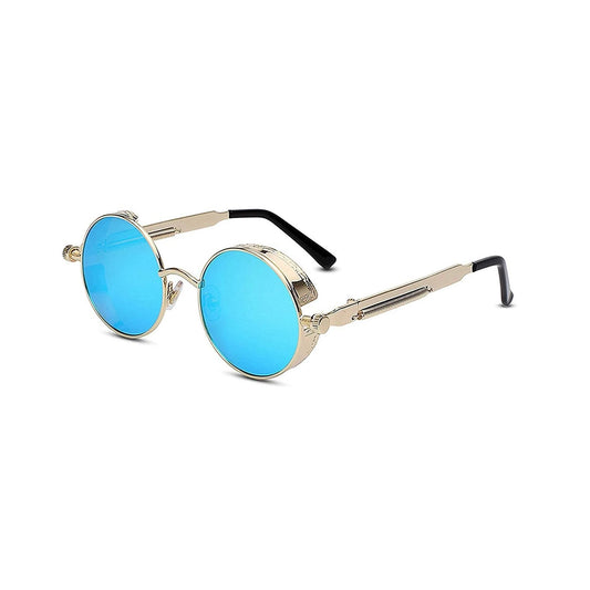 DISC Series Round Steampunk Sunglasses - Gold Frame Blue Mirrored Lens