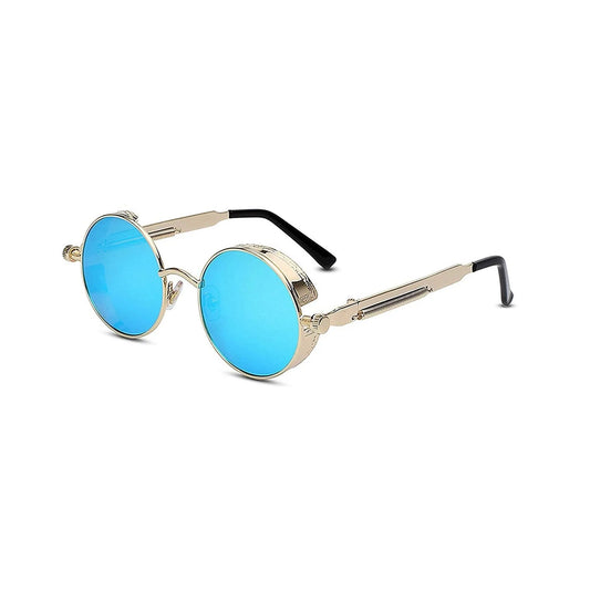 DISC Series Round Steampunk Sunglasses - Gold Frame Blue Mirrored Lens