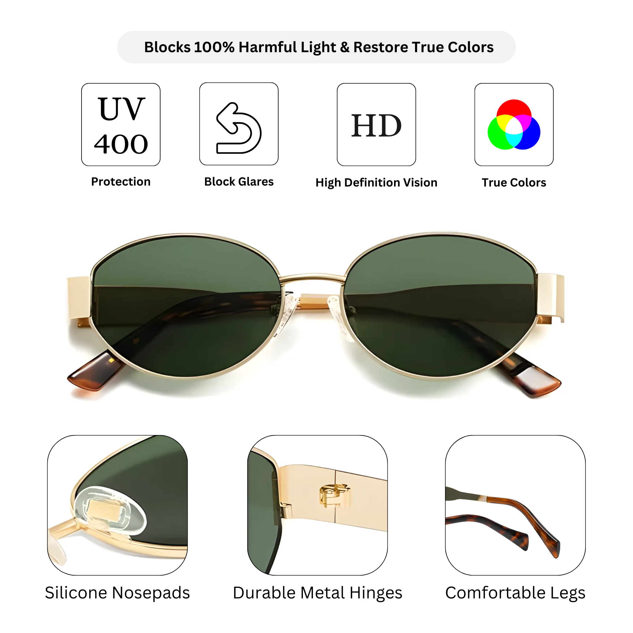 essntl Series Retro Oval Sunglasses For Women & Men - Gold Green essntl Series Retro Oval Sunglasses For Women & Men - Gold Green