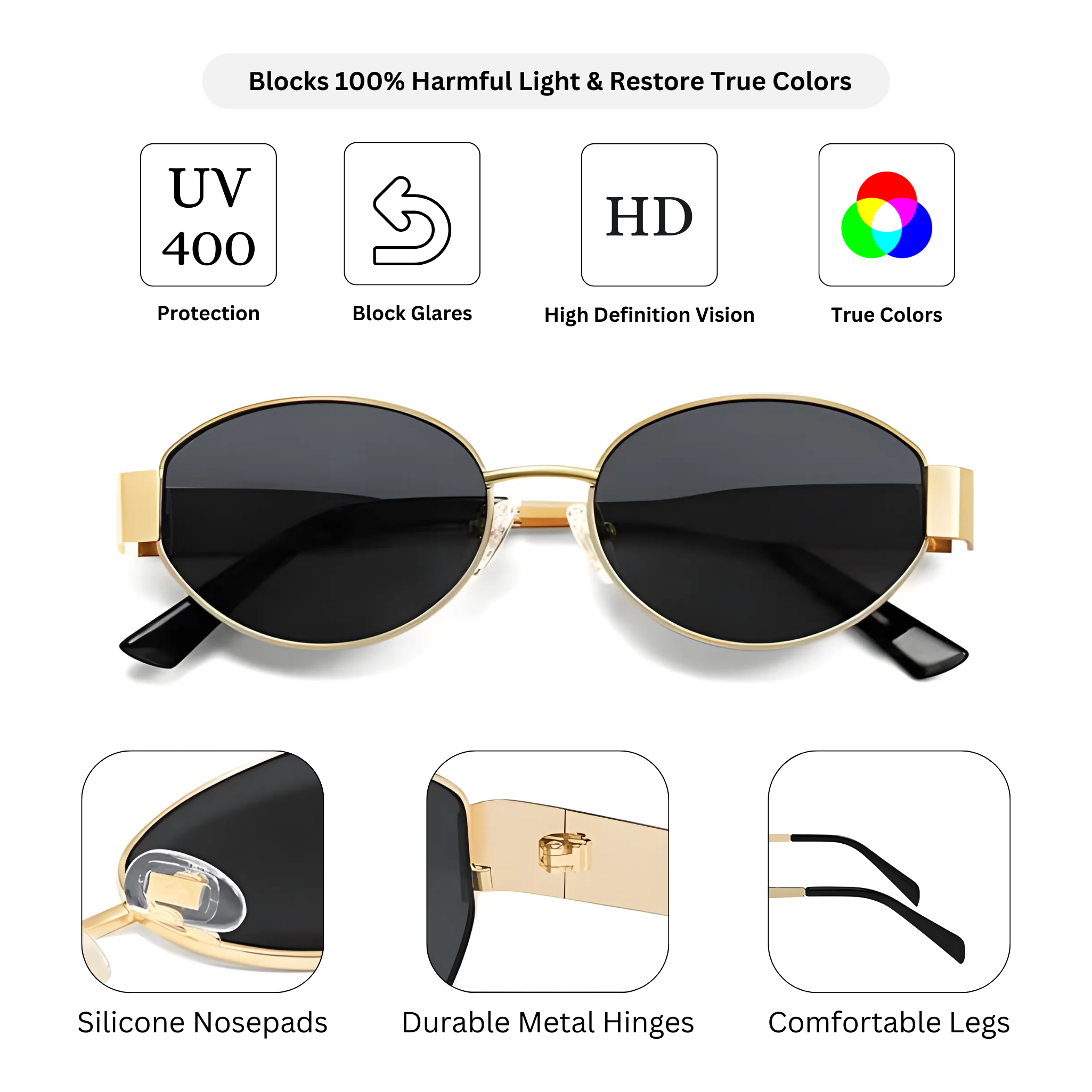 essntl Series Retro Oval Sunglasses For Women & Men - Gold Grey essntl Series Retro Oval Sunglasses For Women & Men - Gold Grey
