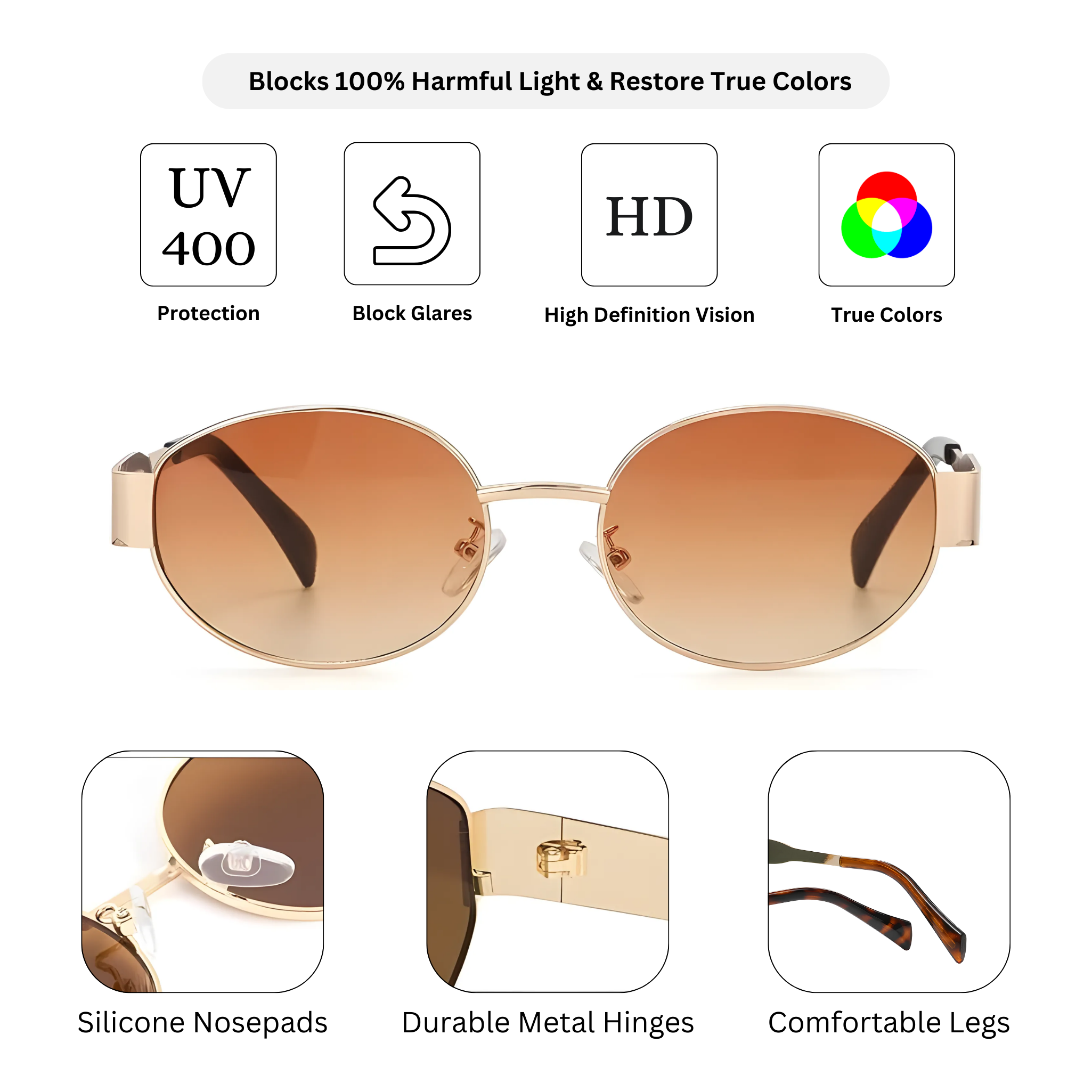 essntl Series Retro Oval Sunglasses For Women & Men - Gold Frame Gradient Brown Lenses essntl Series Retro Oval Sunglasses For Women & Men - Gold Frame Gradient Brown Lenses