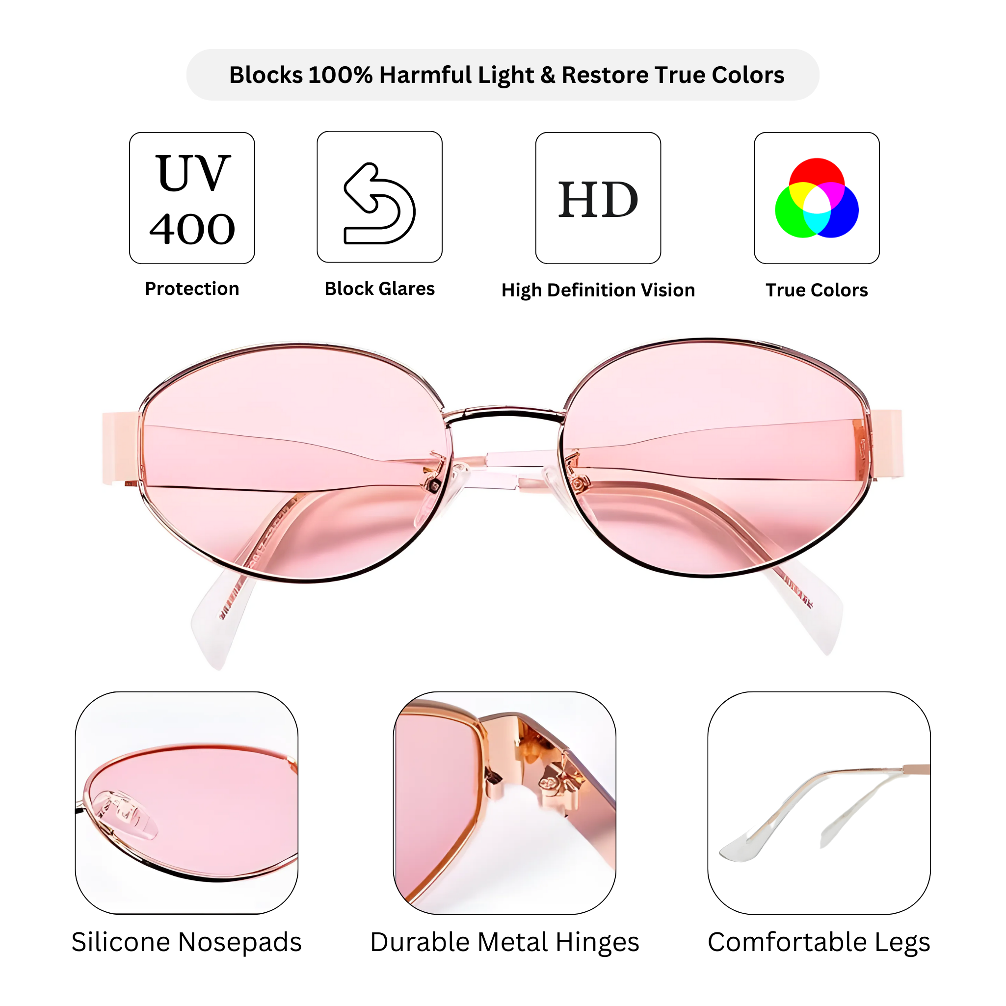 essntl Series Retro Oval Sunglasses For Women & Men - Gold Pink essntl Series Retro Oval Sunglasses For Women & Men - Gold Pink