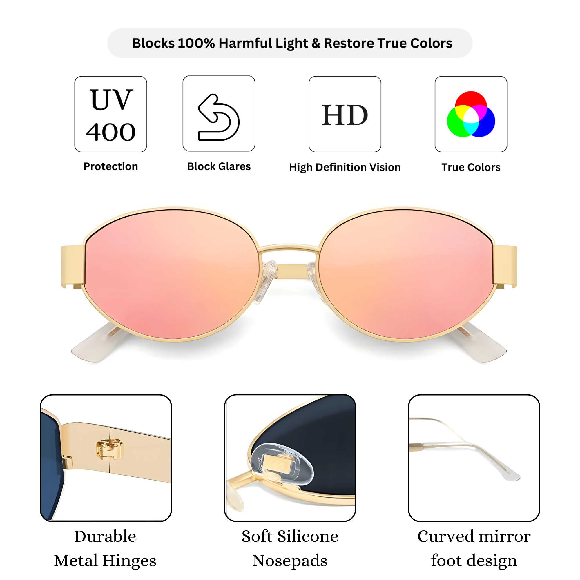 essntl Series Retro Oval Sunglasses For Women & Men - Gold Frame Pink Mirrored essntl Series Retro Oval Sunglasses For Women & Men - Gold Frame Pink Mirrored