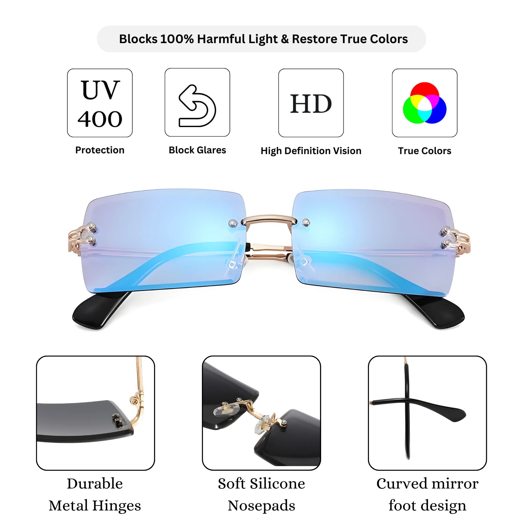 HautRim Series Rimless Rectangle Y2K Sunglasses For Men & Women Gold Blue Mirrored HautRim Series Rimless Rectangle Y2K Sunglasses For Men & Women Gold Blue Mirrored