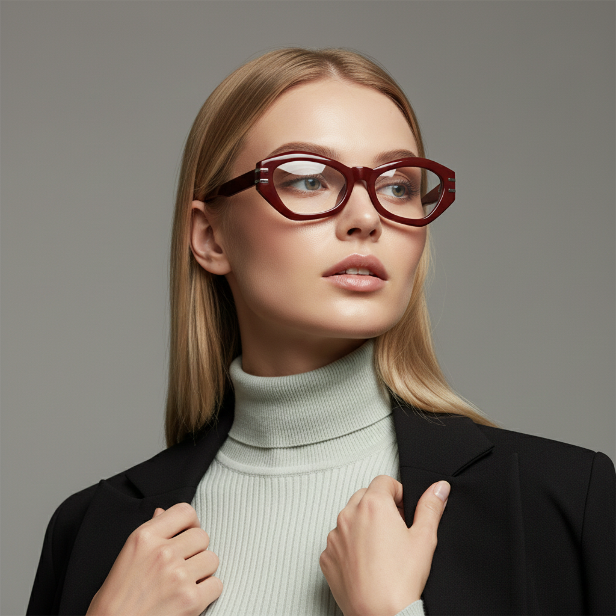 Woman wearing red glasses with a gray background