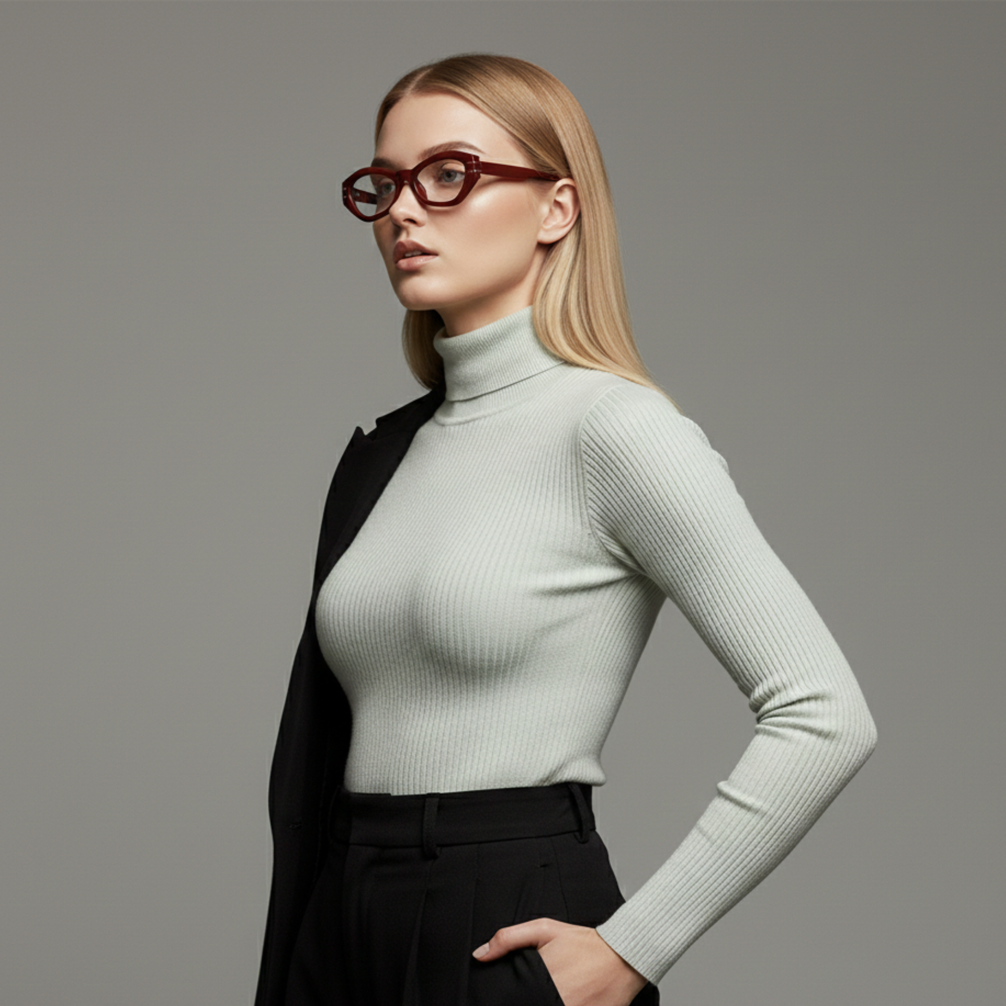 Woman wearing a light green turtleneck sweater, red cateye frames and black jacket against a gray background