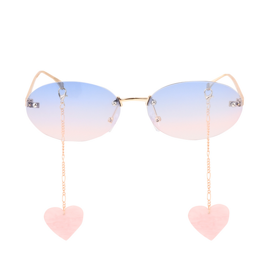 crush series Retro Vintage Rimless Oval Sunglasses With Heart Charms For Women - Blush Bliss