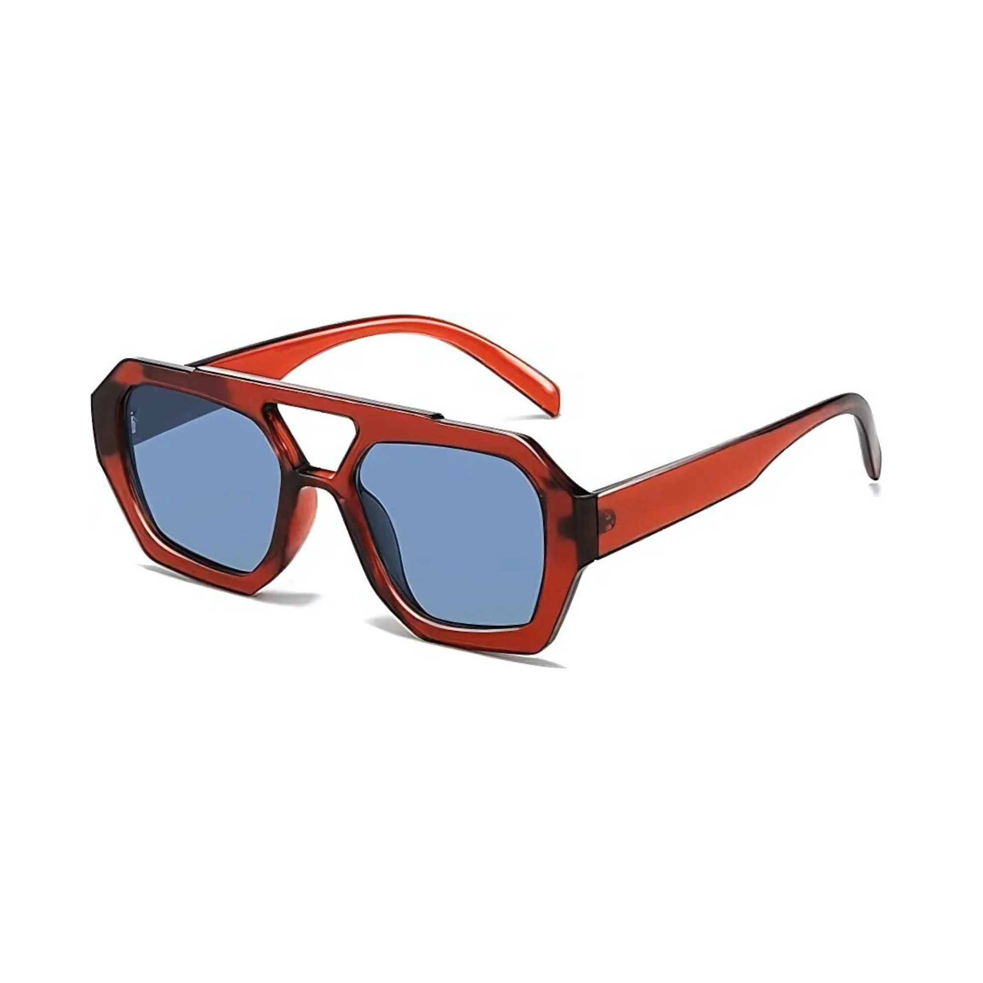 Rebel Retro Vintage 70s Hexagonal Aviator Double Bridge Sunglasses - Transparent Brown Frame Blue Lenses
