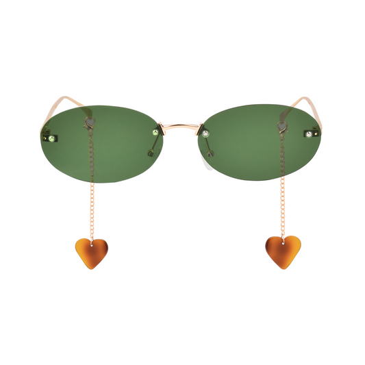 crush series Retro Vintage Rimless Oval Sunglasses With Heart Charms For Women - Fern Flutter