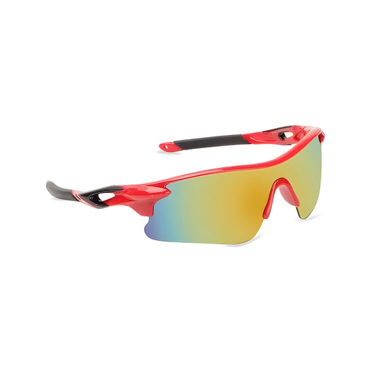 Futuristic Series Half Rim Sports Sunglasses - Red Frame Blue Yellow Gradient Lenses