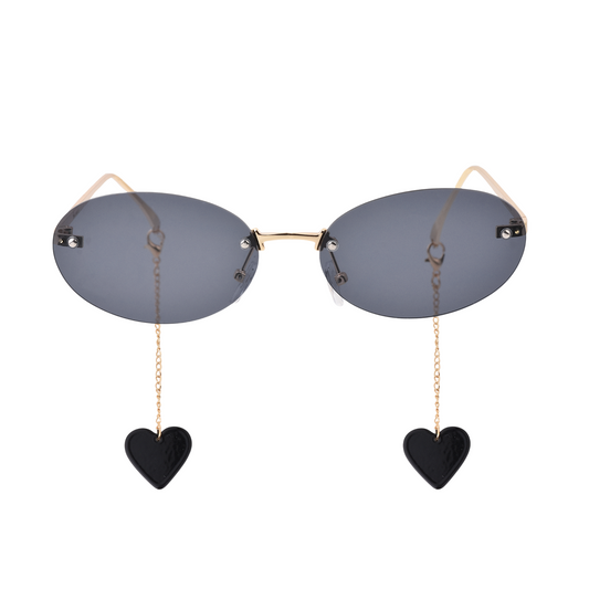 crush series Retro Vintage Rimless Oval Sunglasses With Heart Charms For Women - Midnight Muse