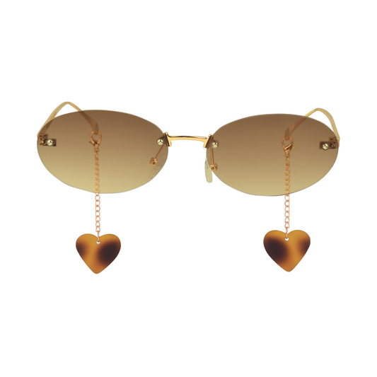 crush series Retro Vintage Rimless Oval Sunglasses With Heart Charms For Women - Caramel Charm