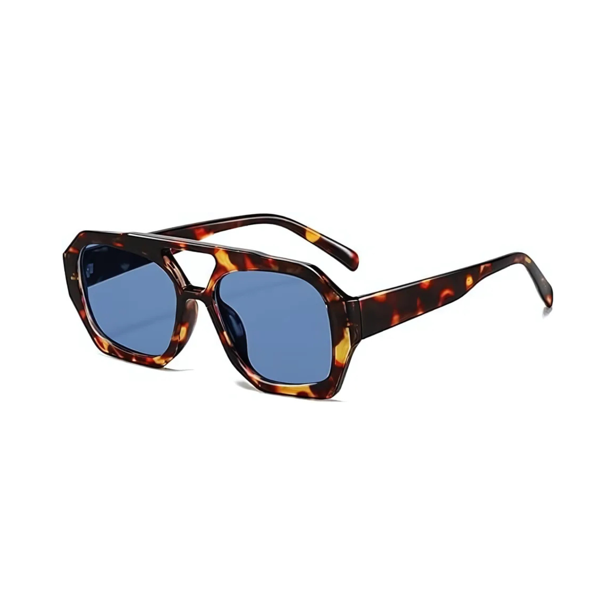 Rebel Retro Vintage 70s Hexagonal Aviator Double Bridge Sunglasses - Tortoise Frame Sky Blue Lenses