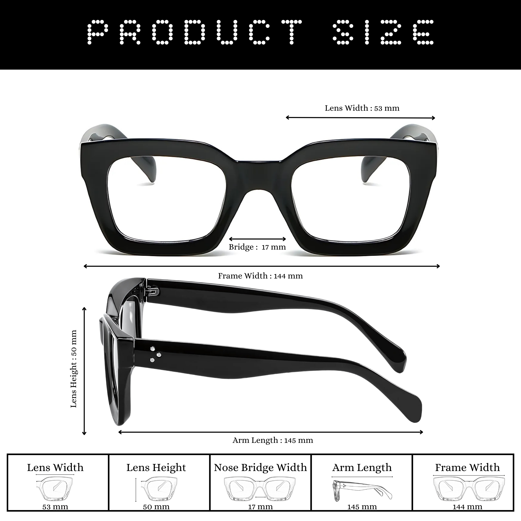 Dotted Series 3 Dots Square Blue Light Blocking Eyeglasses - Black