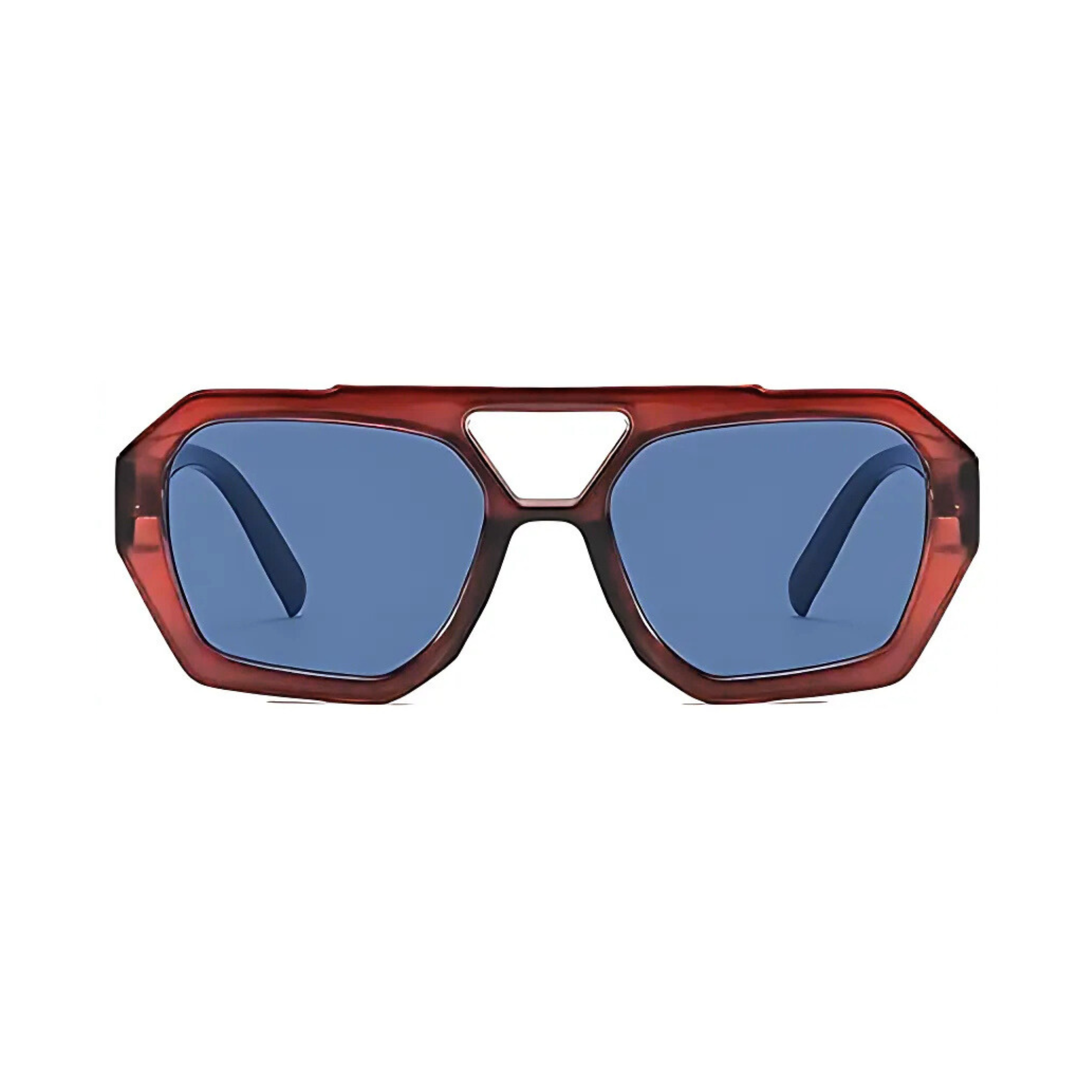 Rebel Retro Vintage 70s Hexagonal Aviator Double Bridge Sunglasses - Transparent Brown Frame Blue Lenses