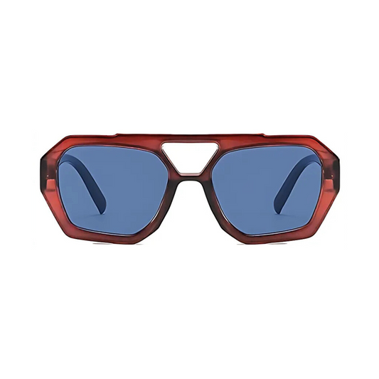 Rebel Retro Vintage 70s Hexagonal Aviator Double Bridge Sunglasses - Transparent Brown Frame Blue Lenses