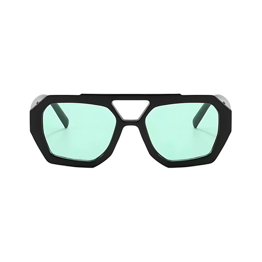 Rebel Retro Vintage 70s Hexagonal Aviator Double Bridge Sunglasses - Black Frame Green Lenses