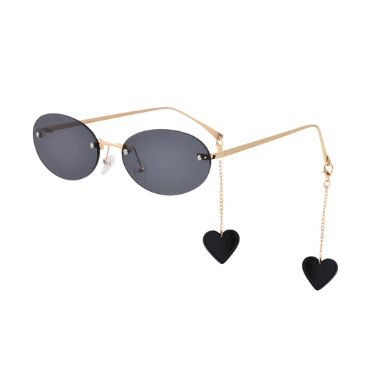 crush series Retro Vintage Rimless Oval Sunglasses With Heart Charms For Women - Midnight Muse