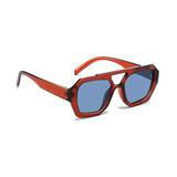Rebel Retro Vintage 70s Hexagonal Aviator Double Bridge Sunglasses - Transparent Brown Frame Blue Lenses