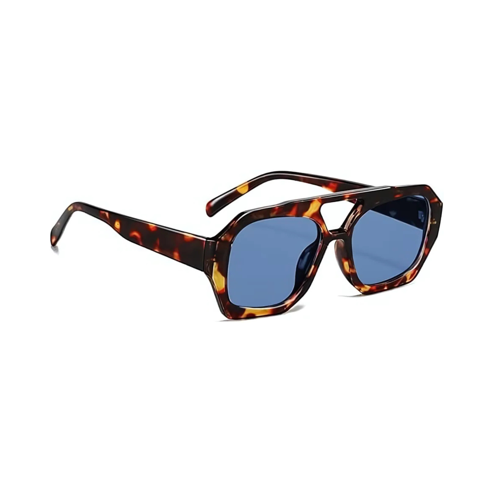 Rebel Retro Vintage 70s Hexagonal Aviator Double Bridge Sunglasses - Tortoise Frame Sky Blue Lenses