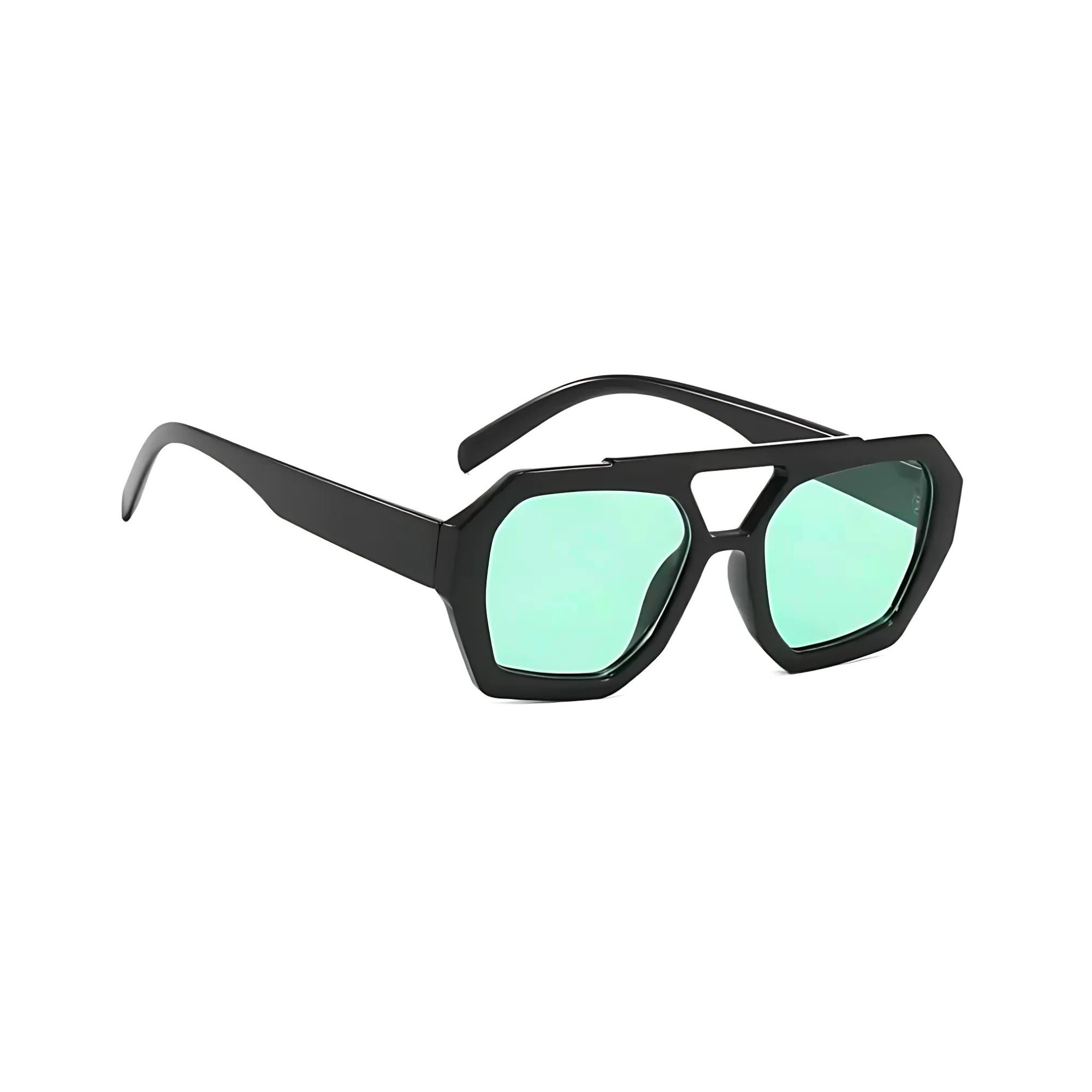 Rebel Retro Vintage 70s Hexagonal Aviator Double Bridge Sunglasses - Black Frame Green Lenses