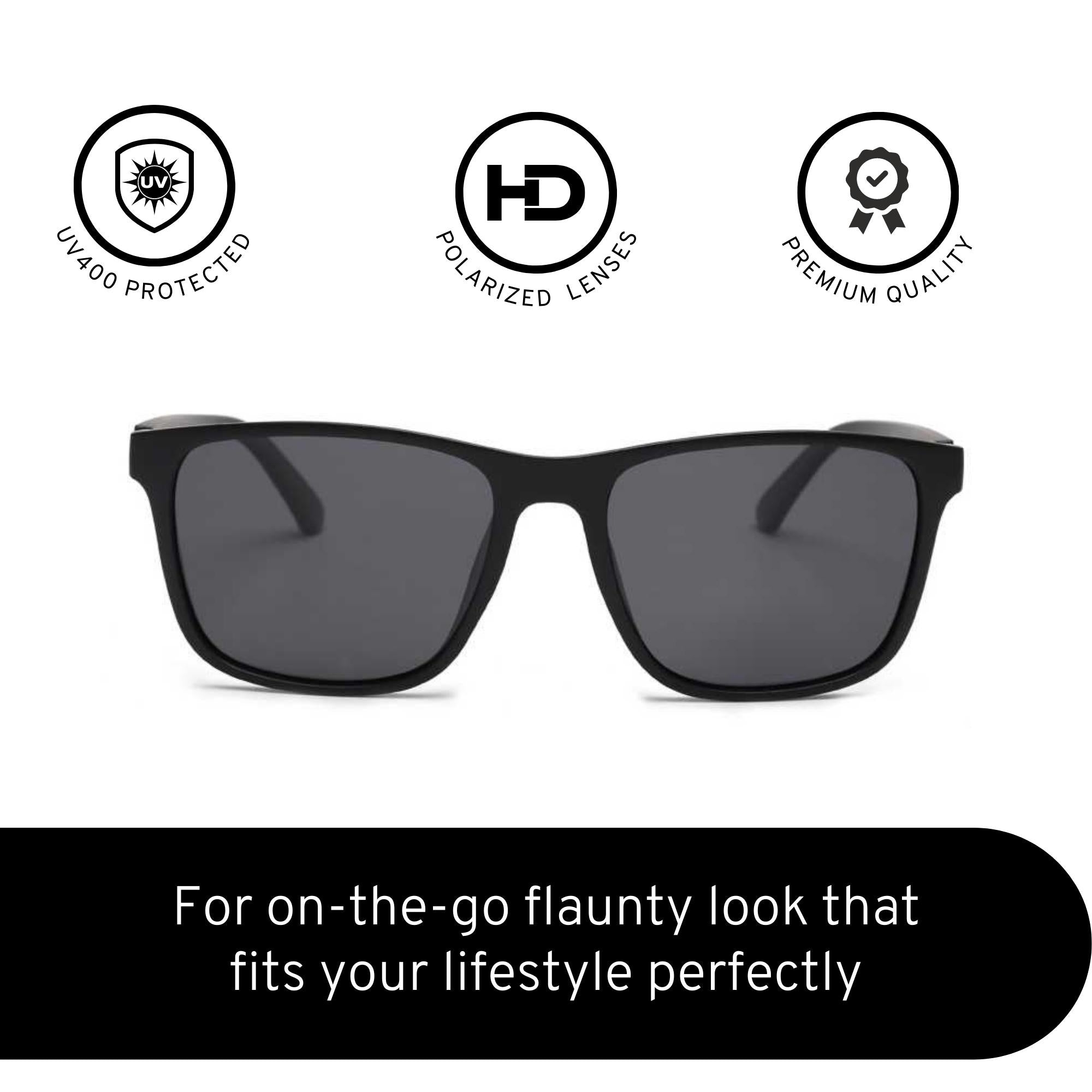 Klassic Series Rectangle Polarized & UV Protected Sunglasses Black Frame & Grey Lenses