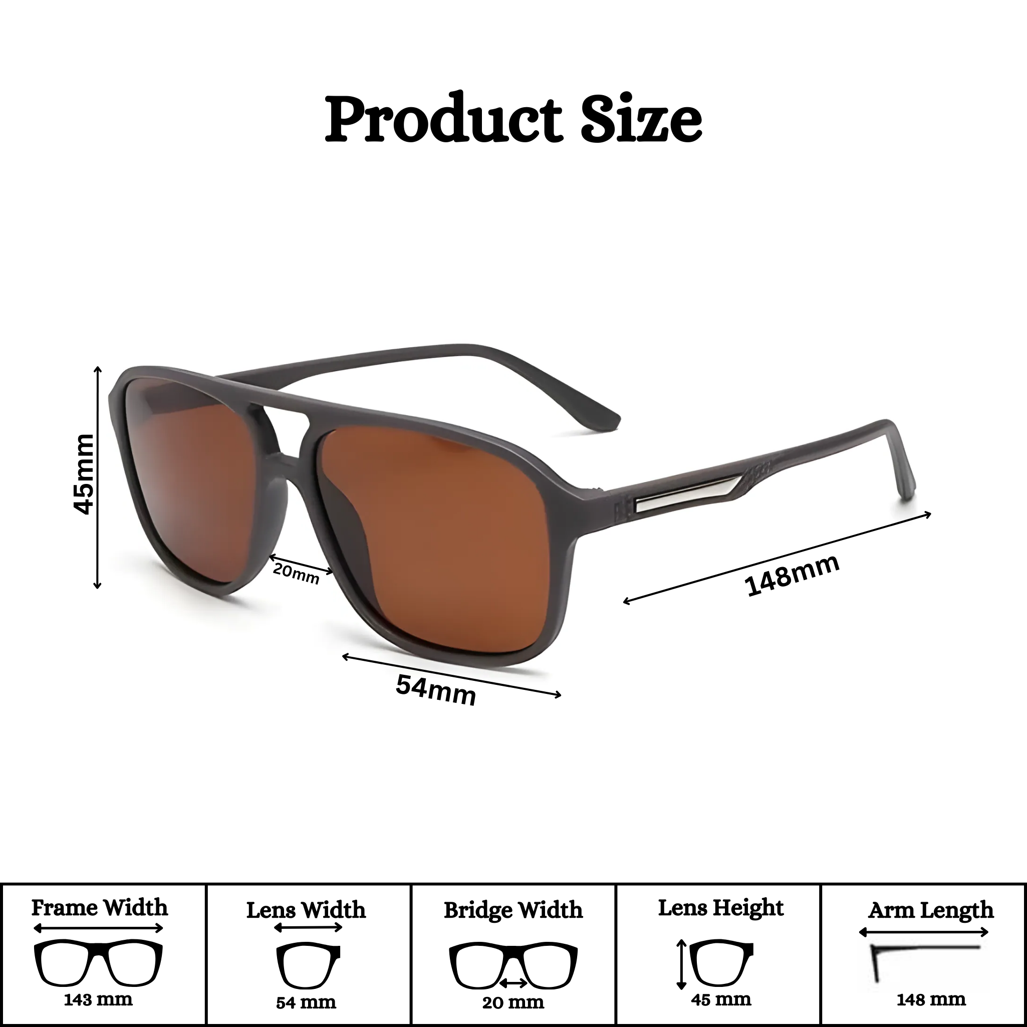Klassic Series Rectangle Polarized & UV Protected Sunglasses Matte Grey Frame & Brown Lenses