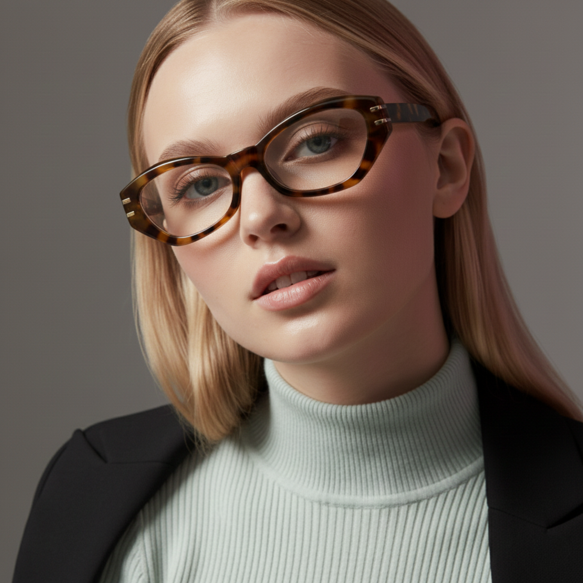 Woman wearing tortoiseshell glasses and a light gray turtleneck against a neutral background
