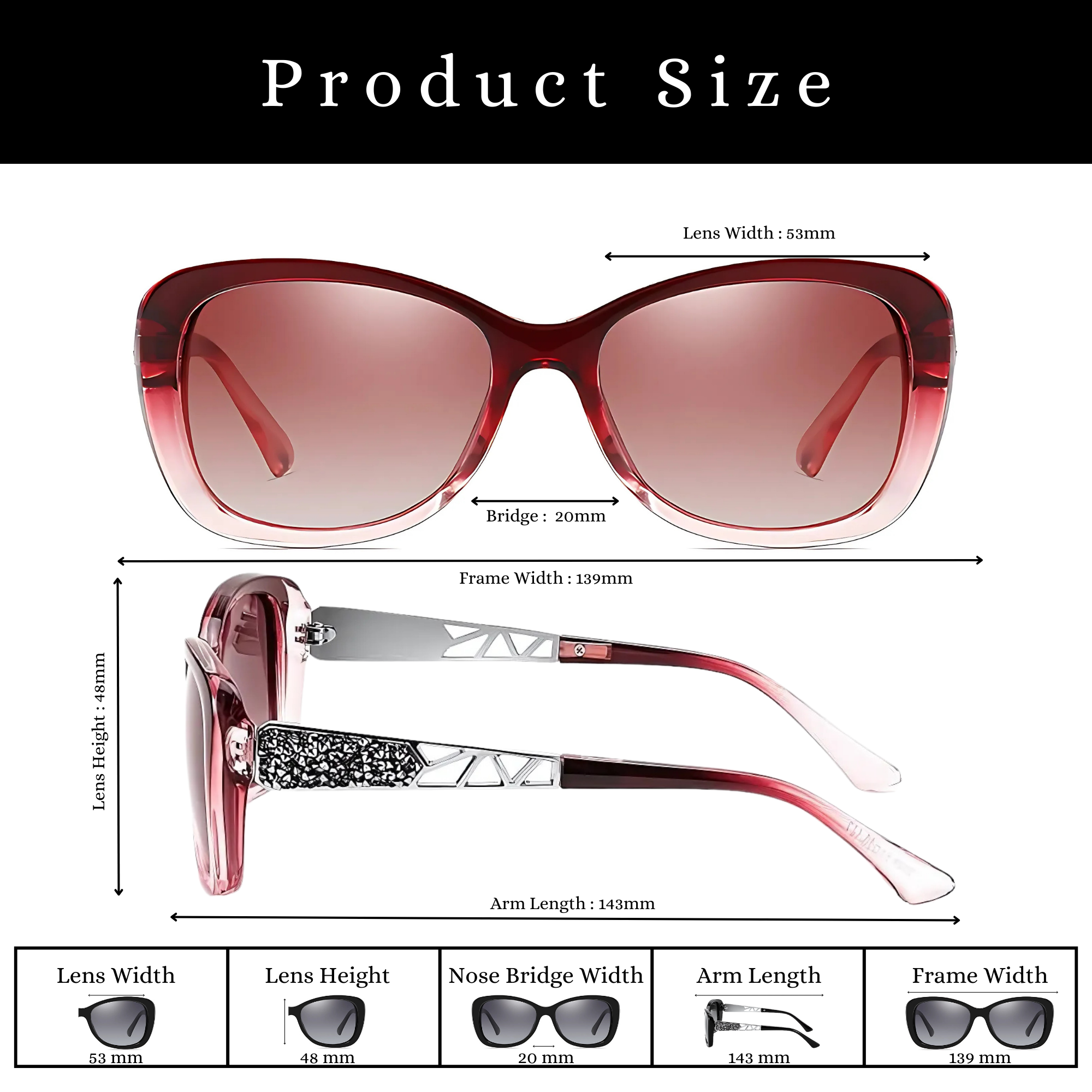 essntl series Butterfly Sparkling Crystal Sunglasses For Women - Blood Red